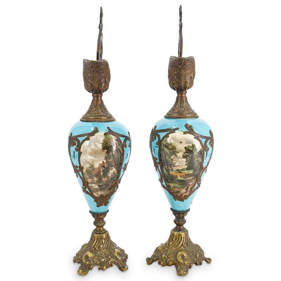 (2 Pc) Pair Of French Porcelain Ewer Urn Pitchers (1 of 7)