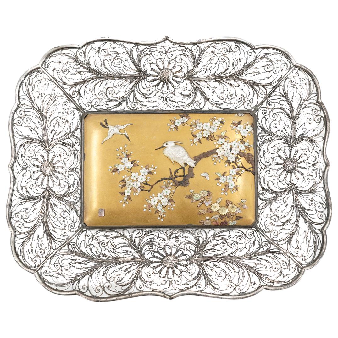 Antique Japanese Shibayama Silver Filigree Tray (1 of 8)