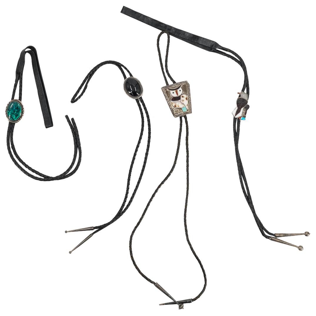 (4Pc) Native American Sterling, Semi-Precious Stones & Leather Bolo Ties (1 of 6)