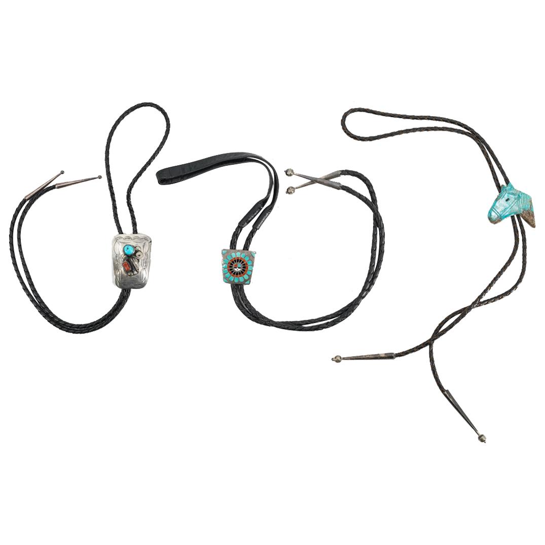 (3Pc) Native American Sterling Turquoise & Leather Bolo Ties (1 of 8)
