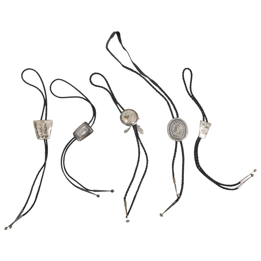 (5Pc) Native American Sterling & Leather Pictorial Bolo Ties (1 of 8)