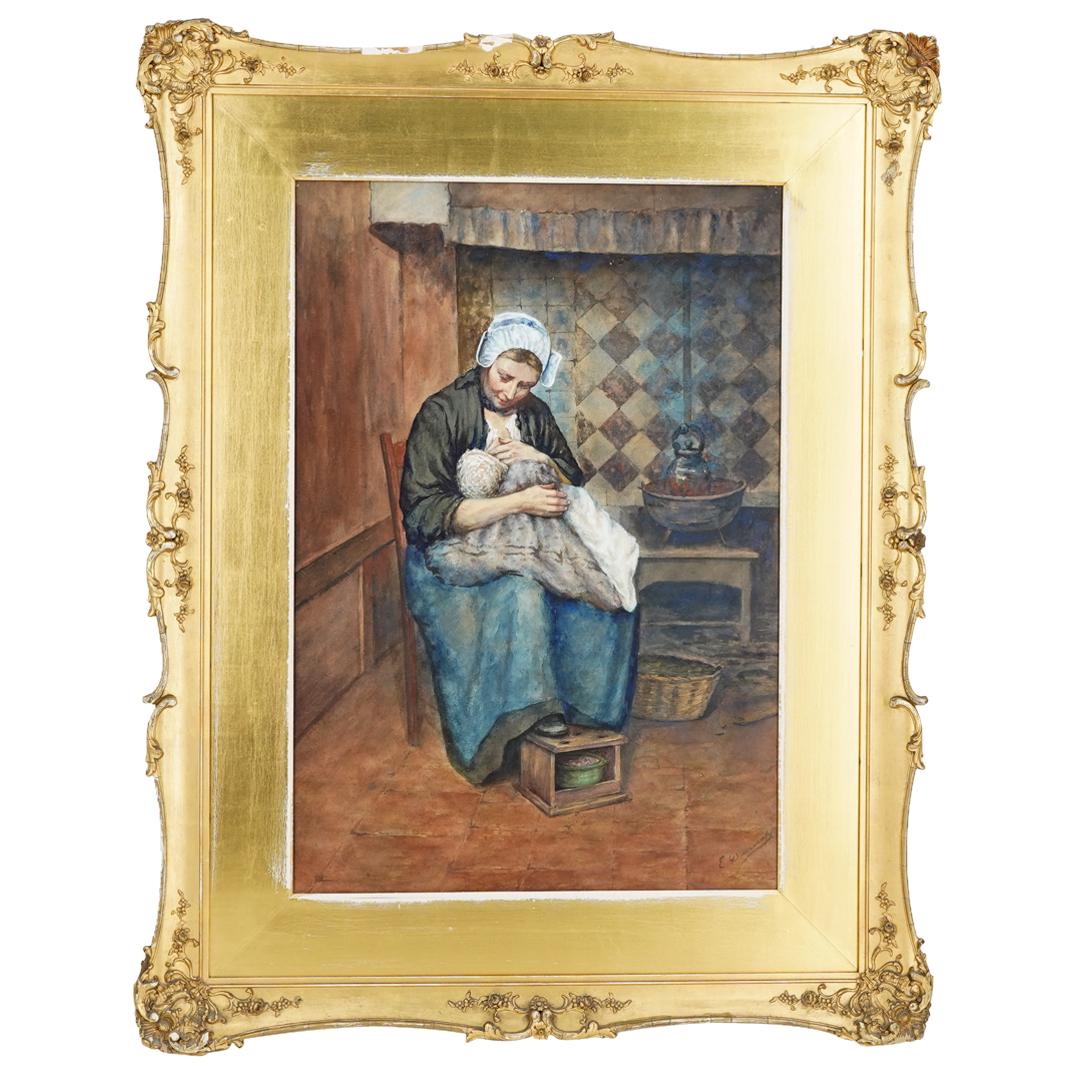 Antique Dutch Nursing Scene Watercolor & Gouache Painting on Paper (1 of 7)
