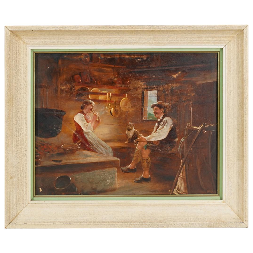 Emil Rau (German, 1858â€“1937) "Feuer Gefangen" Oil on Board Painting: DESCRIPTION: Oil on board painting by German artist Emil Rau (1858-1937) titled "Feuer Gefangen" (Caught Fire); Depicting in fine realistic detail a man and woman sitting on benches in a kitchen. Sign