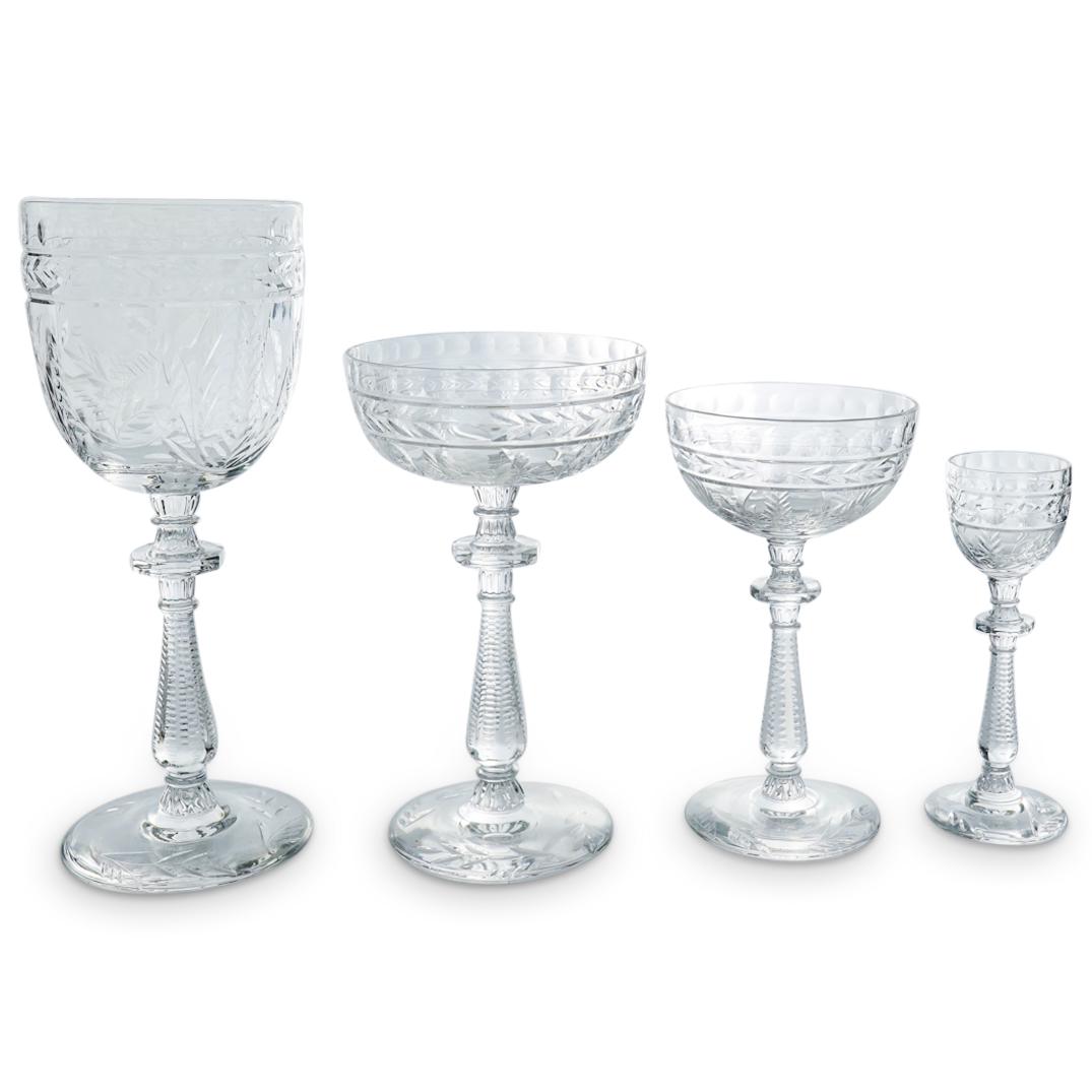 (44 Pc) Thomas Webb Style Crystal Glass Stemware Set: DESCRIPTION: 44 piece set of Webb style crystal stemware, each piece of which features cut foliage and geometric patterns and cut and frosted floral designs around the bowl. Stems are cut and textured