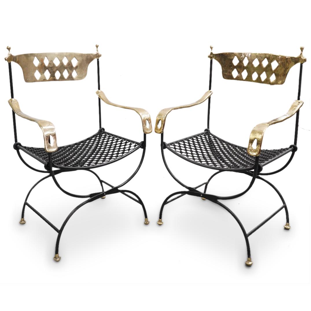 (2Pc) David Marshall Disenos Designer Gilt Metal & Iron Chairs: DESCRIPTION: (2Pc) Two David Marshall Disenos designer gold toned metal and iron chairs. CIRCA: 20th Cent. ORIGIN: Spain DIMENSIONS: (Chairs) H: 41" x W: 22" x L: 24.5" x Seat Depth: 18" CONDITION: Gr