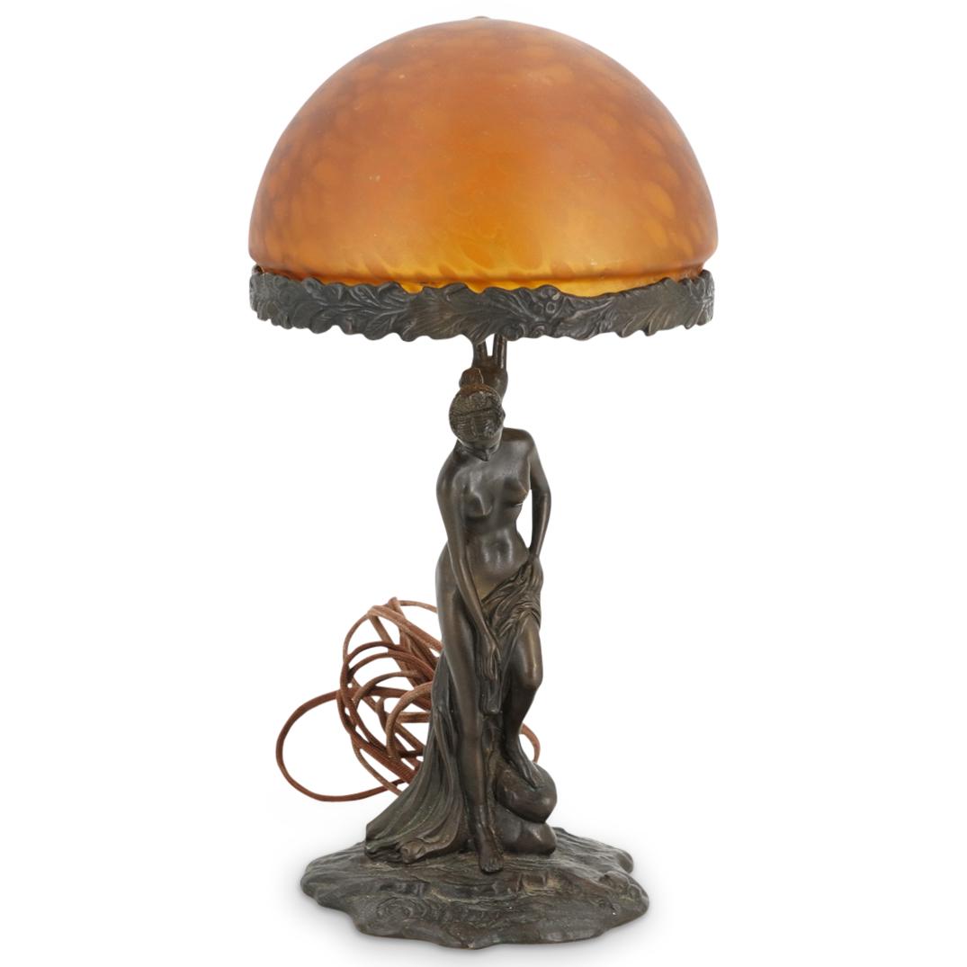 Art Nouveau Boudoir Lamp: DESCRIPTION: An Art Nouveau boudoir table lamp with classical nude figure bronze base and blown glass dome shade. Signed in cast: "Sanjean" wired with silk wrapped electrical cord. CIRCA: 20th Cent. O