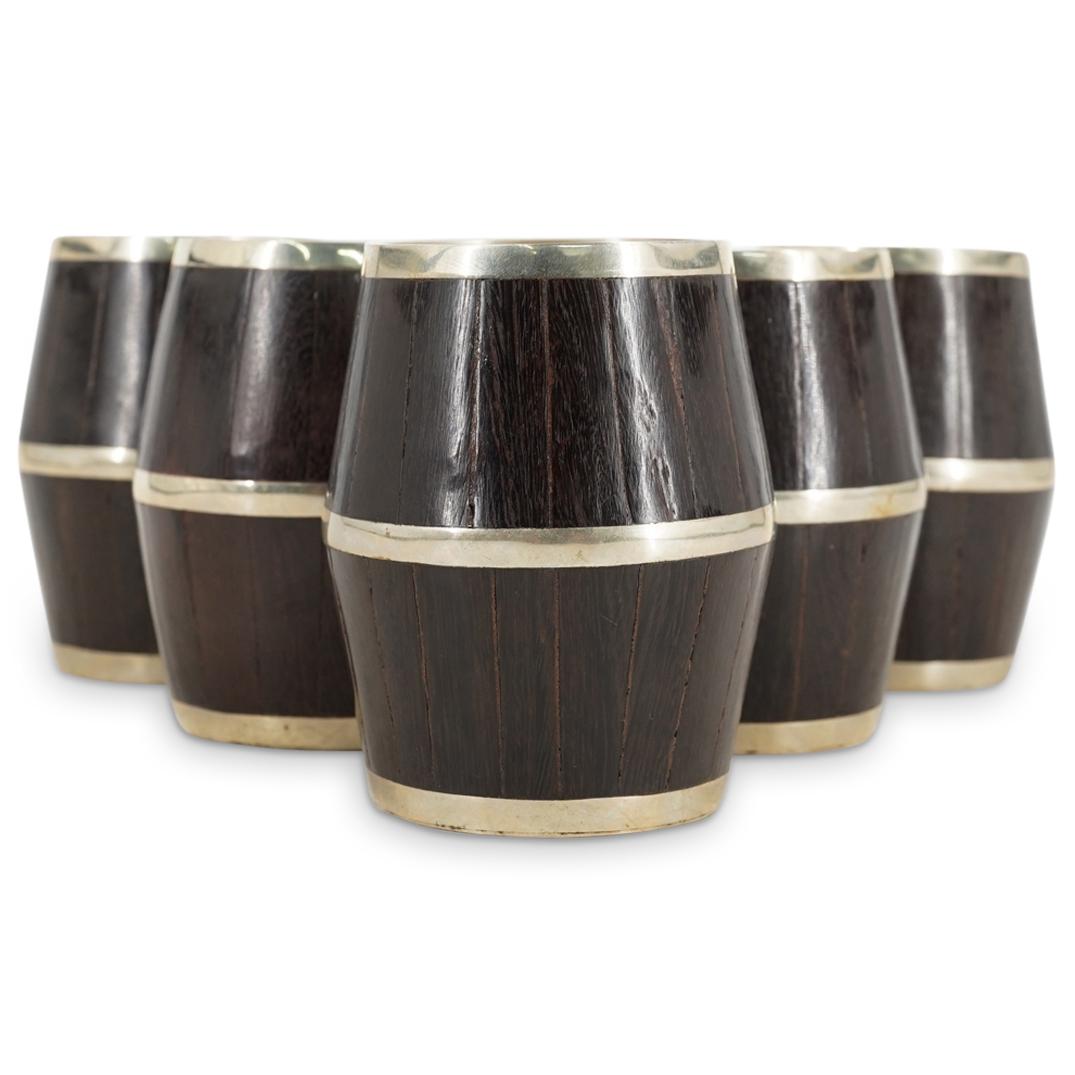(6Pc) Mexican Taxco Silver Plate & Inlaid Wood Barrel Cups (1 of 5)