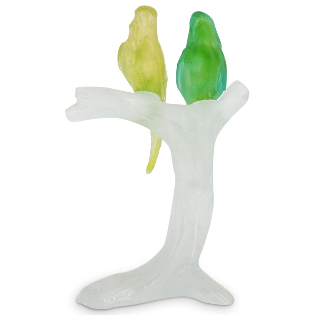 Daum Pate de Verre Parakeets On Branch Figurine: DESCRIPTION: A Daum French pate de verre art glass figure depicting a pair of parakeets love birds seated atop a tree branch. Signed "Daum France" to bottom base. CIRCA: 20th Century. ORIGIN: France.