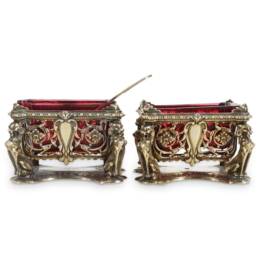 (3 Pc) Antique French Sterling Silver & Ruby Red Glass Cellars (1 of 7)