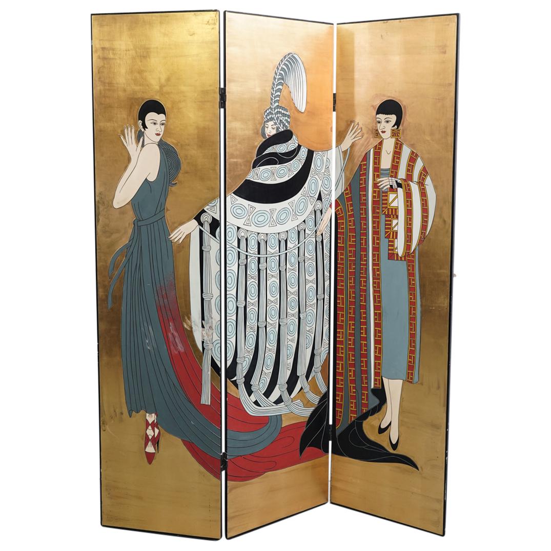 Art Deco Erte Style Gold Leaf Tri-Fold Lacquered Screen (1 of 9)