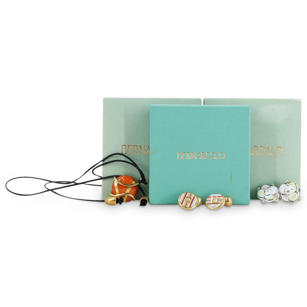 (3 Pc) French Bernardaud Sterling Silver Jewelry Grouping Set: DESCRIPTION: (3 Pc) A Bernardaud necklace, earrings and cufflinks jewelry grouping set. Includes: one (1) pair of Bernardaud enamel cufflinks; one (1) Bernardaud sterling silver and orange enamel neck