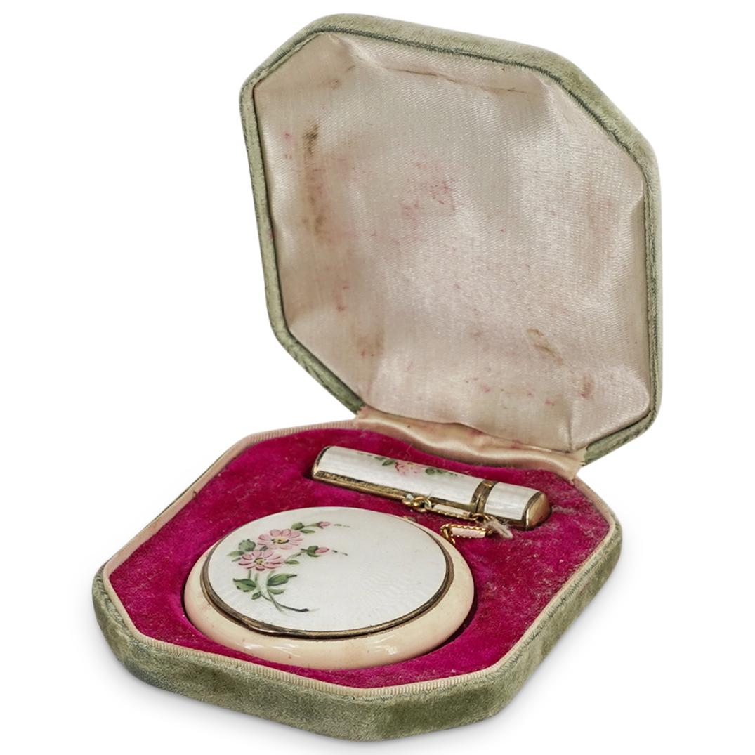 1930s La Mode Guilloche Enamel Compact W/ Lipstick (1 of 7)