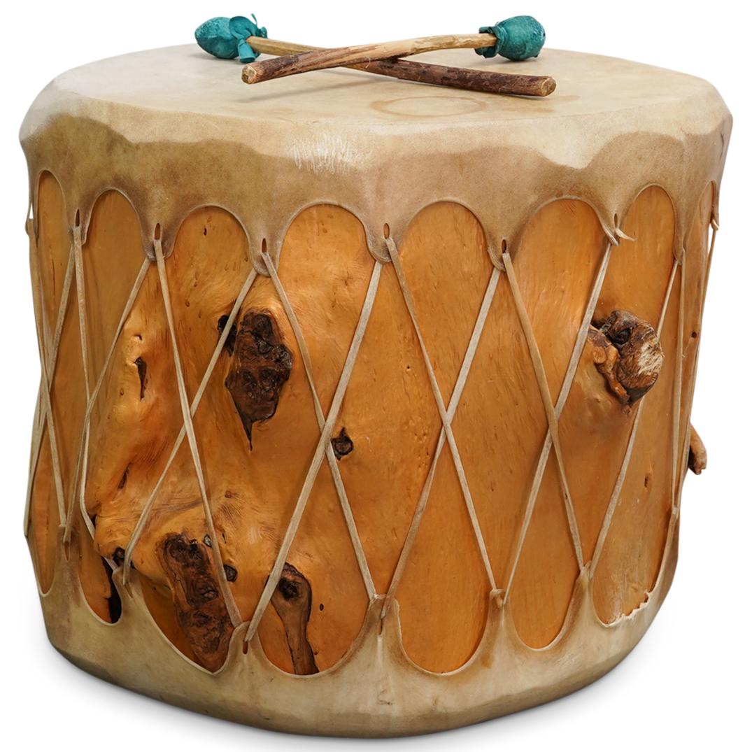 (3Pc) Native American Rawhide & Wood Drum & Drumsticks (1 of 7)