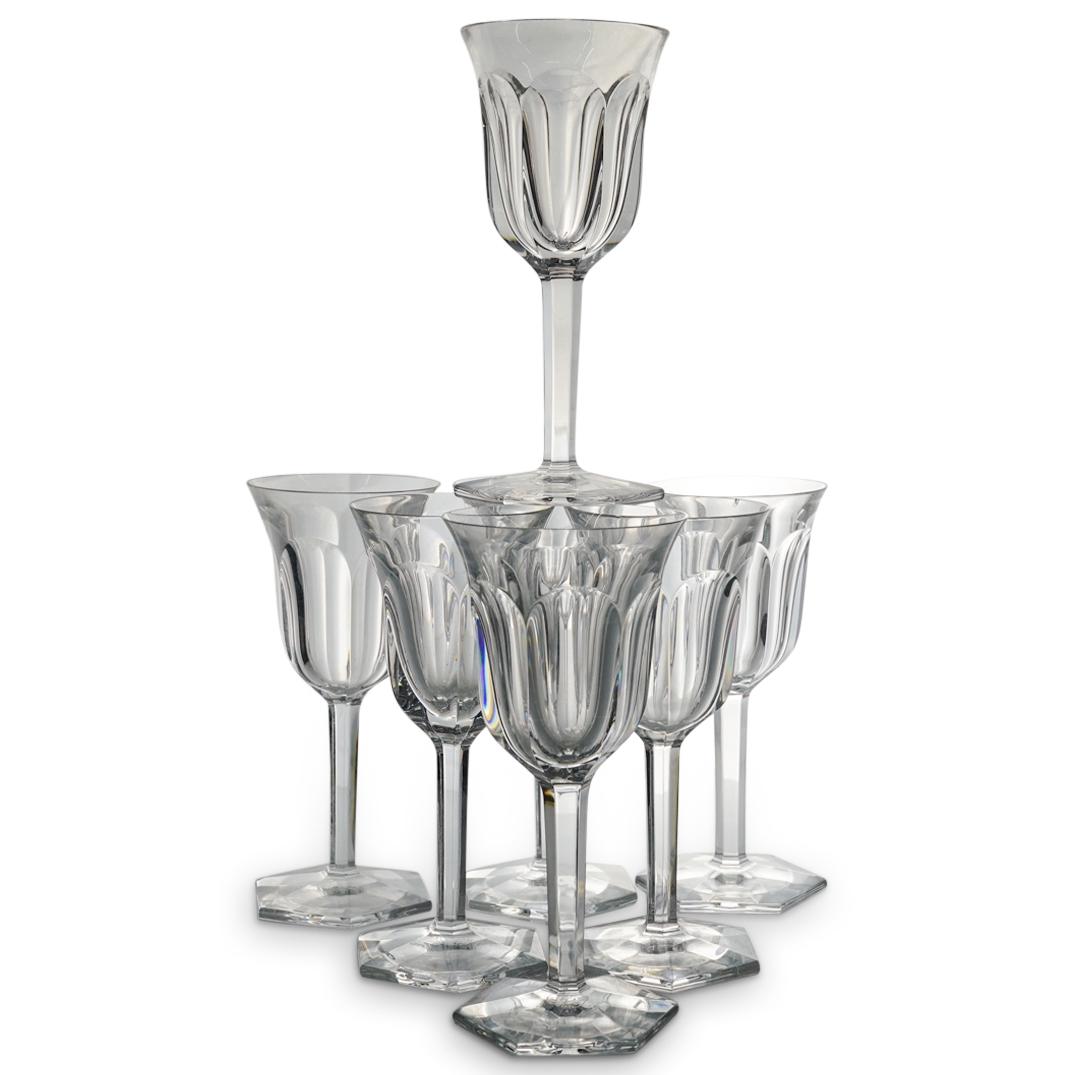 (7Pc) Baccarat "Malmaison" Crystal Wine Glasses: DESCRIPTION: (7Pc) Baccarat cut clear crystal wine glasses in their design titled "Malmaison". Traditional hallmark etched at the undersides. CIRCA: 20th Century ORIGIN: France DIMENSIONS: Wine H: 5.7