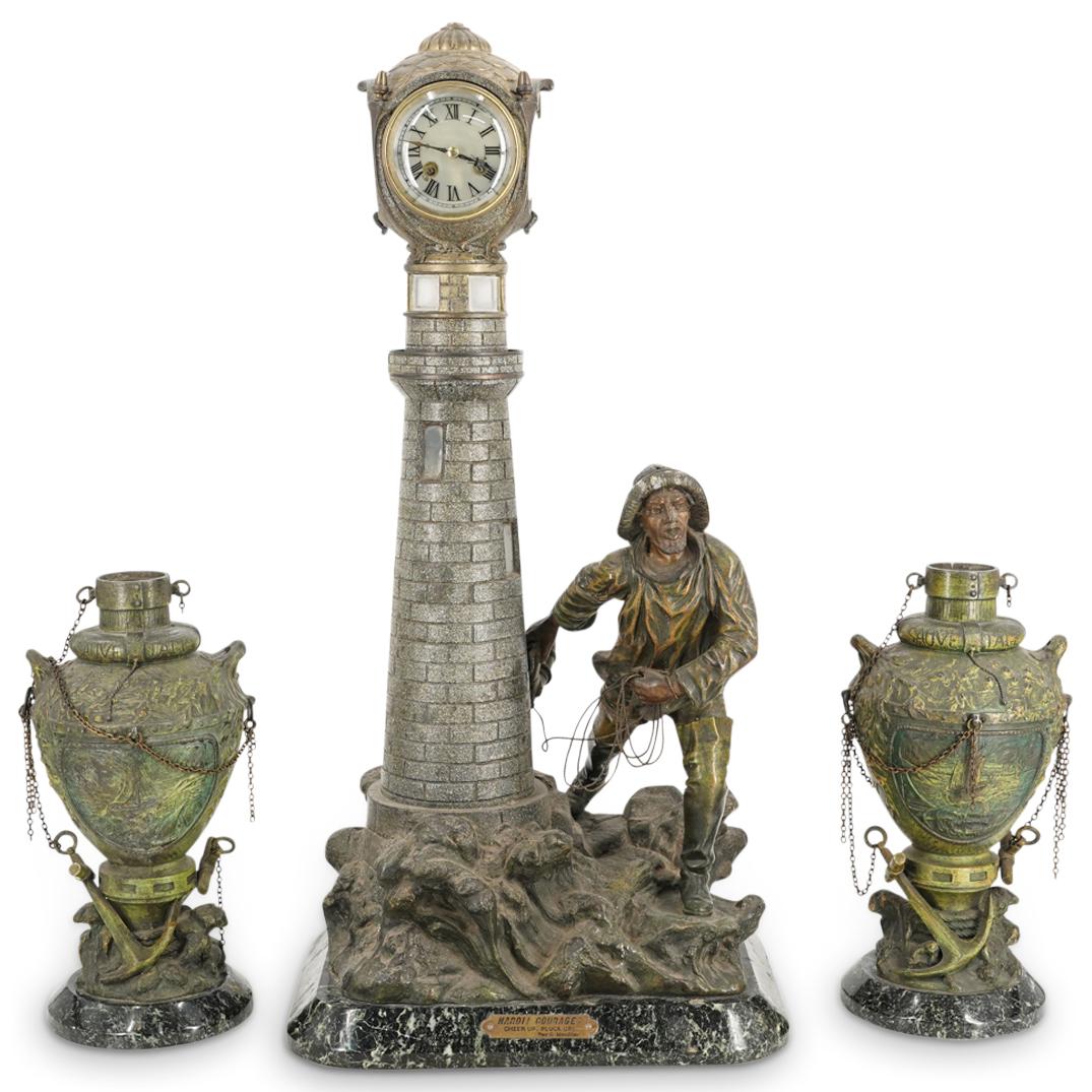 (3 Pc) Late 19th Cent. French C. Mouflier Figural Clock Set (1 of 17)