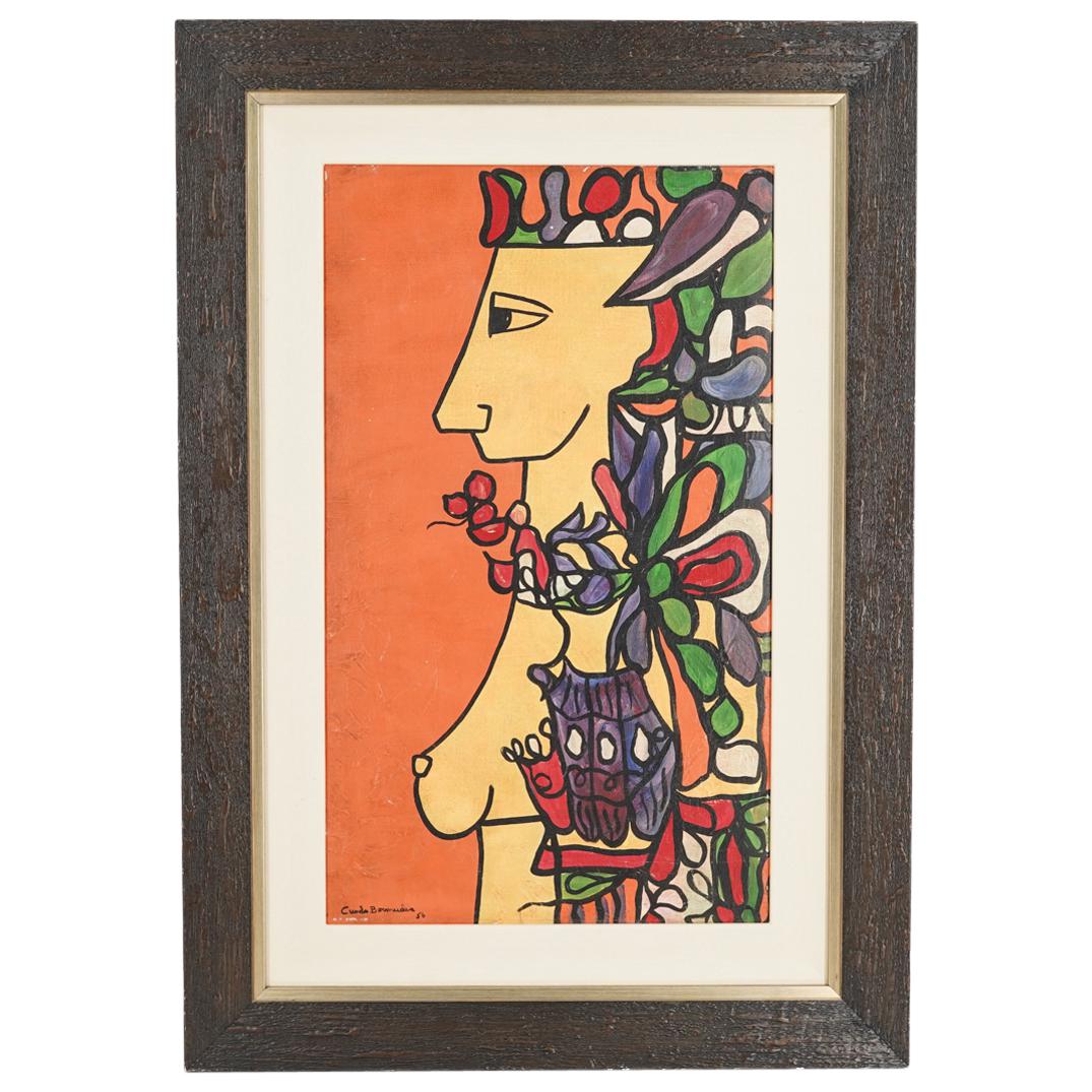 Cundo Bermudez (Cuban, 1914-2008) Oil on Canvas: DESCRIPTION: A Cundo Bermudez oil on canvas painting depicts the profile of a nude woman covered in vibrant colored flowers, signed along the bottom left "Cundo Bermudez". Comes with COA CIRCA: MId 20