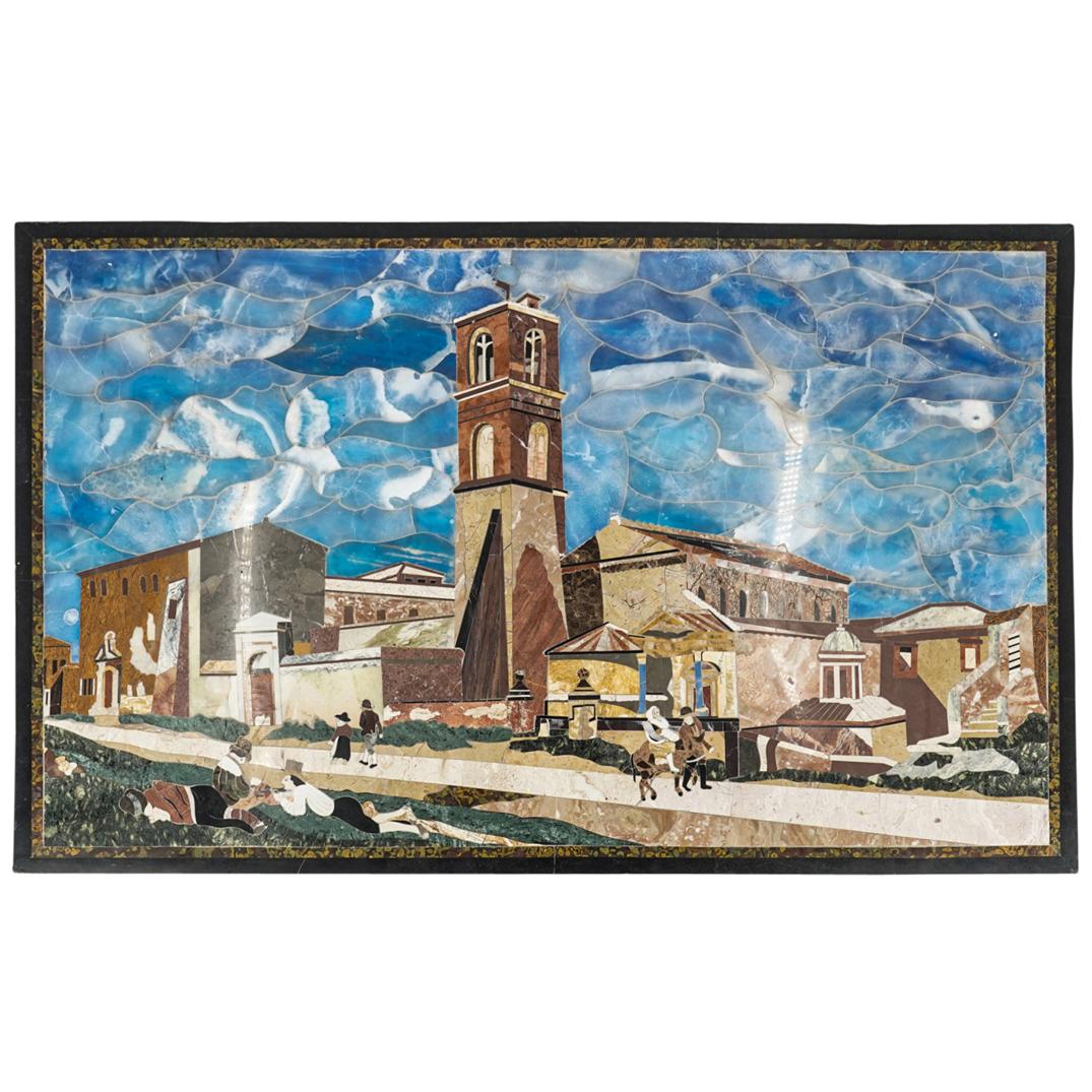 Italian Pietra Dura Village Roadside Scene Plaque (1 of 9)