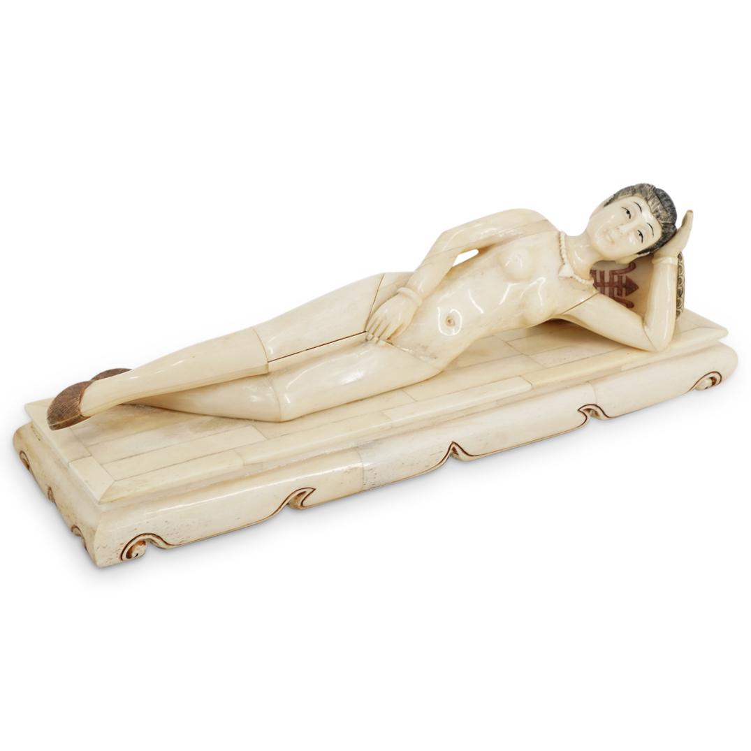 Antique Chinese Carved Bone Doctors Lady Figure: DESCRIPTION: An Antique Chinese carved bone medical doll, also known as a diagnostic doll or "Doctor's Lady". This is a small sculpture of a nude female figure, lying on her left side, and positioned 