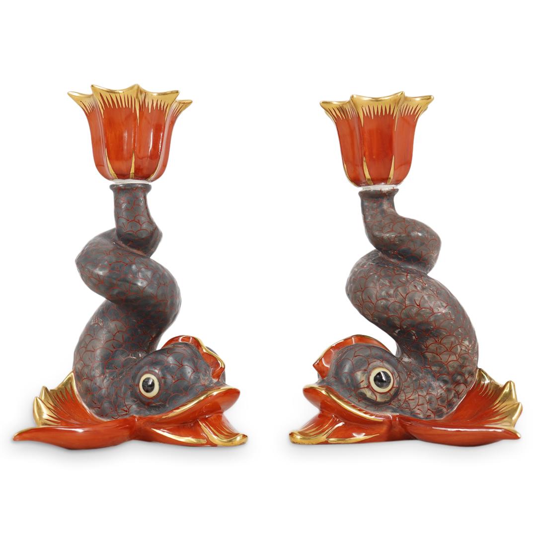 Pair Of Herend Porcelain Koi Fish Candle Sticks (1 of 4)