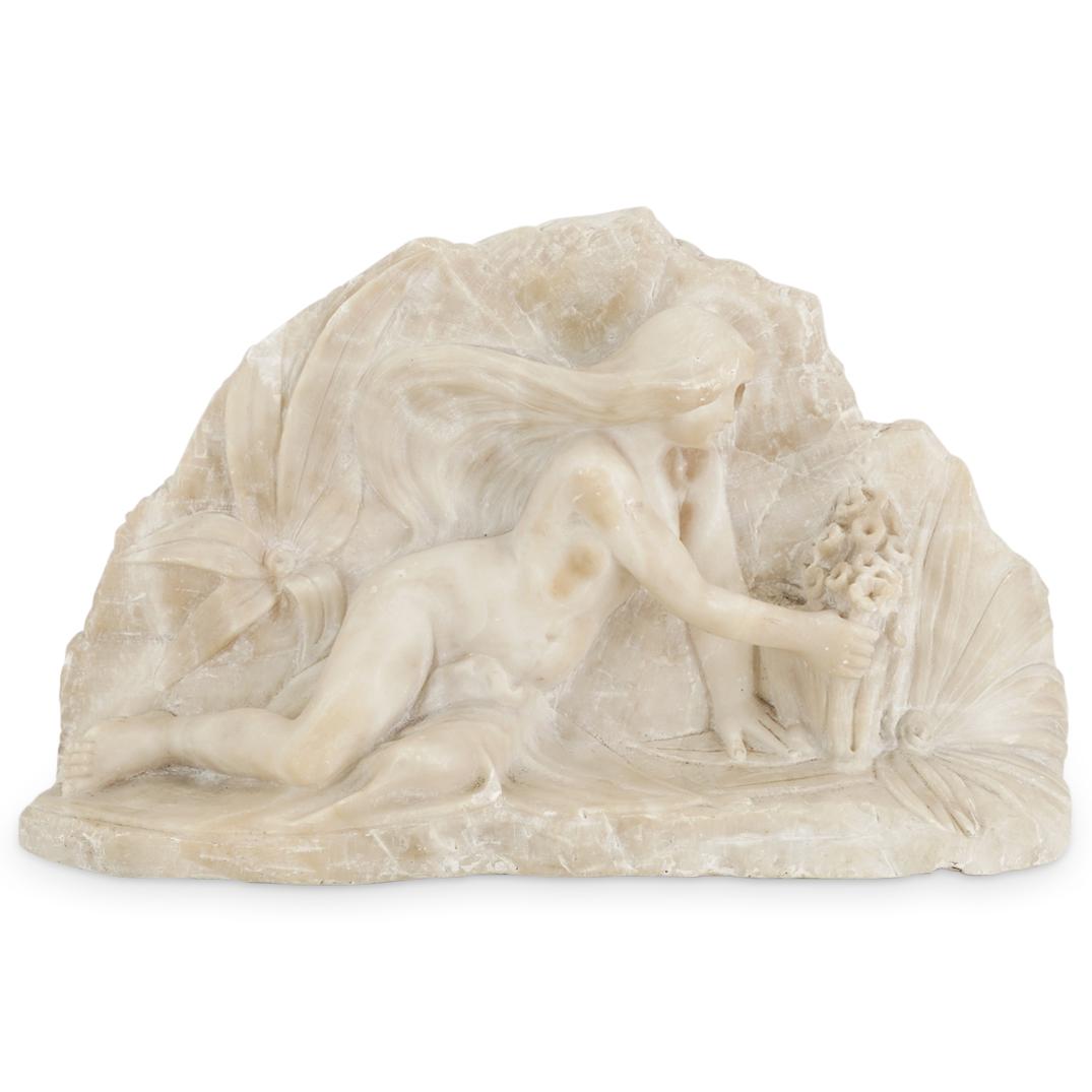 European Art Nouveau Alabaster Figural Relief Sculpture: DESCRIPTION: An European Art Nouveau alabaster figural relief plaque sculpture, depicting a naturalistic scene with a nude female maiden figure picking us some flowers. Designed in the characteristic 