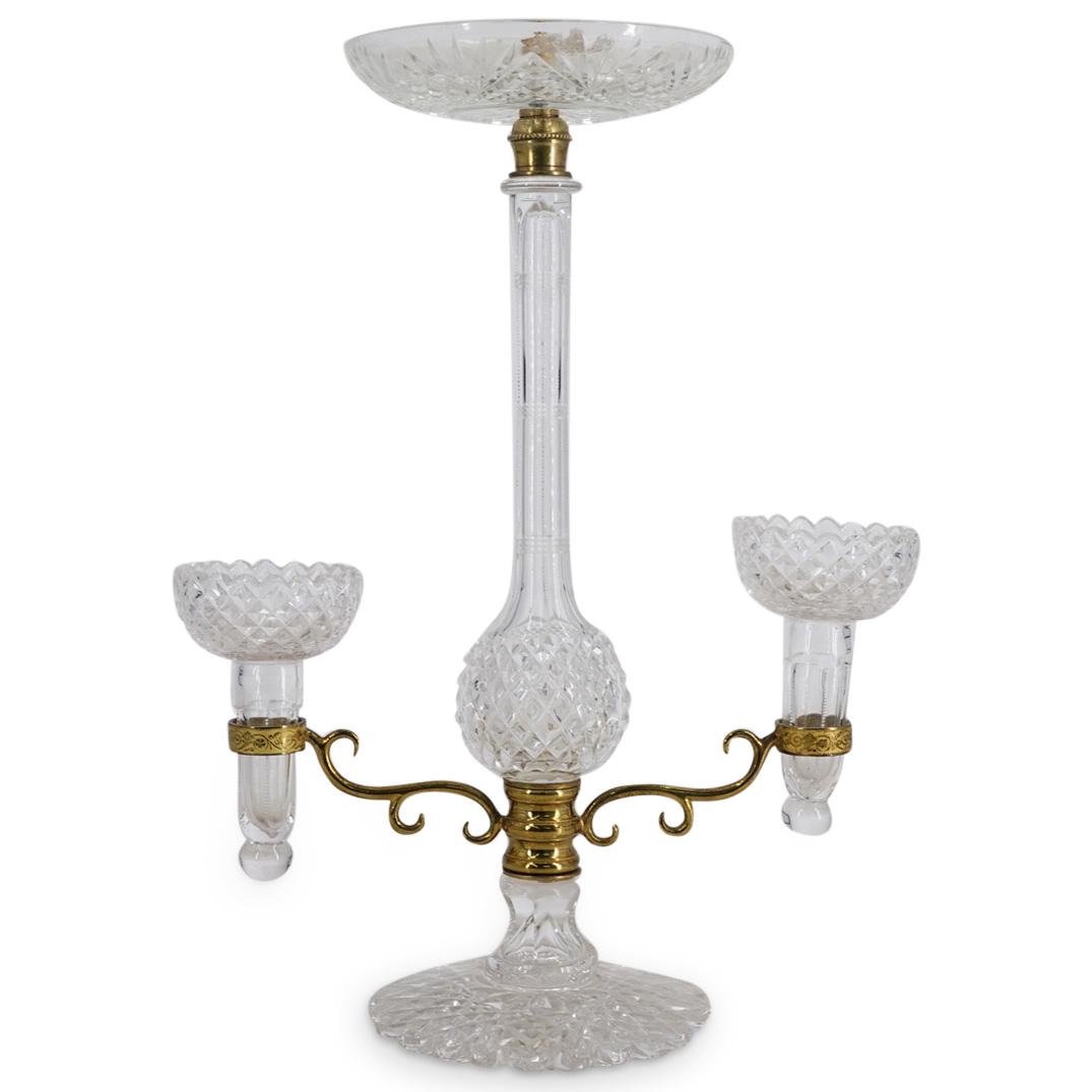 Antique English Clarkes Cricklite Cut Crystal Fairy Light Epergne: DESCRIPTION: Cricklite cut crystal fairy light centerpiece designed by Samuel Clarke featuring a central stem crowned with wide rimmed bowl and flanked by two branches, each with rings into which fit 
