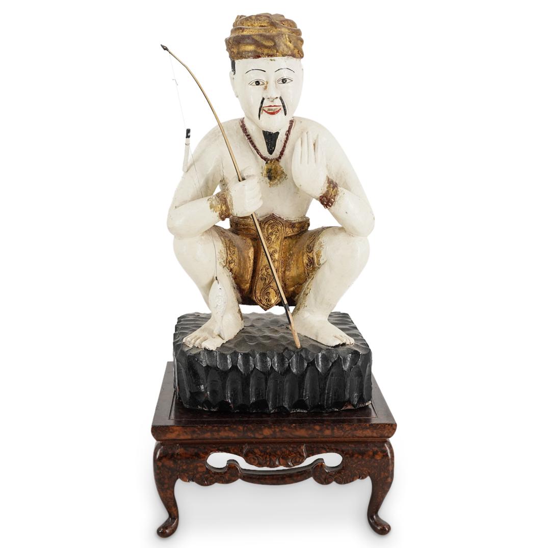 Large Antique Chinese Carved Wood Fisherman Sculpture (1 of 7)