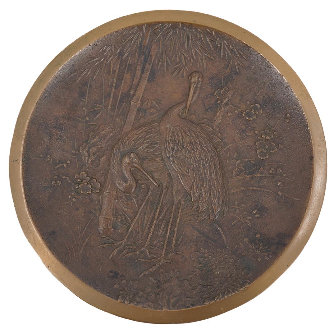 Antique Japanese Bronze Crane Plate (1 of 2)