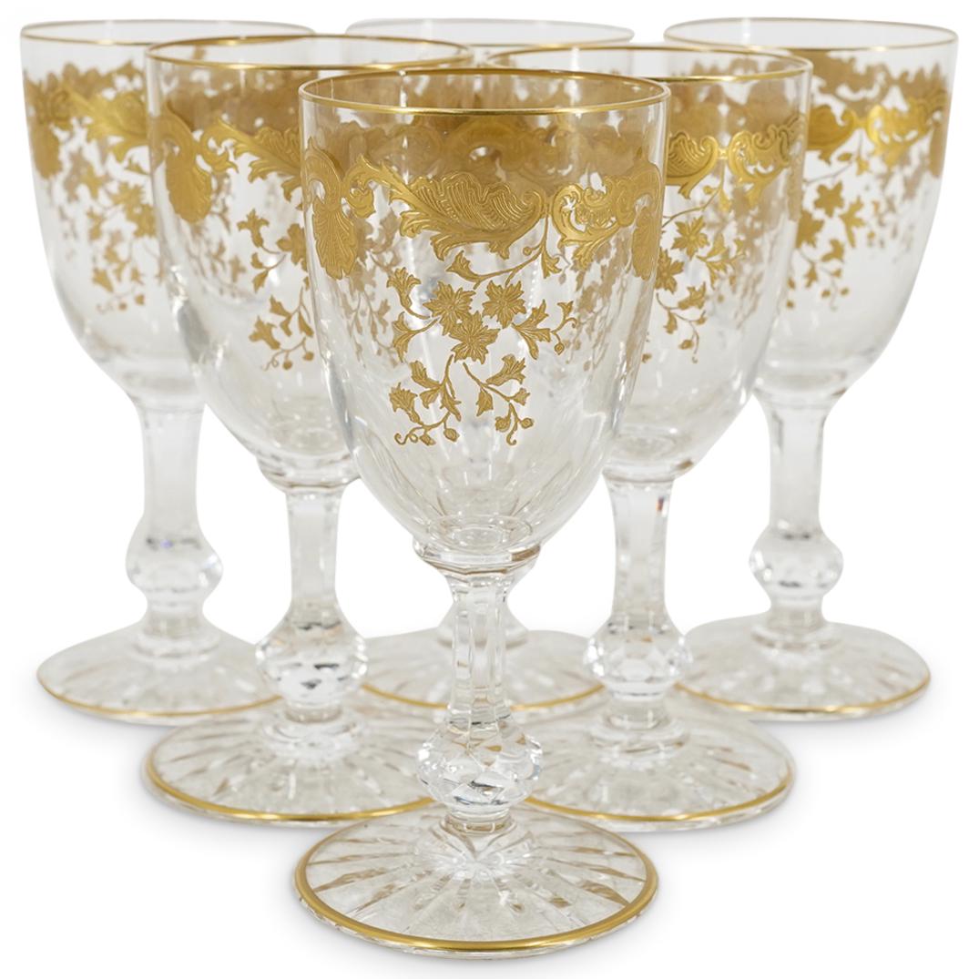 (6Pc) St Louis "Massenet" Crystal Claret Wine Glasses: DESCRIPTION: (6Pc) St Louis clear crystal claret wine glasses in their design titled "Massenet". Featuring gold encrusted floral and scrolling foliage depictions around along with gilt rims and feet. 