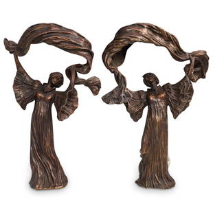 Pair A. Leonard (French, 1841) "Scarf Dancer" Bronze Lamps: DESCRIPTION: (2 Pc) Agathon Leonard (French, 1841-1921) "Scarf Dancer" bronze lamps. This is a pair of Art Nouveau mirror table lamps with a bronze sculpture depicting a female dancer with a scarf flo