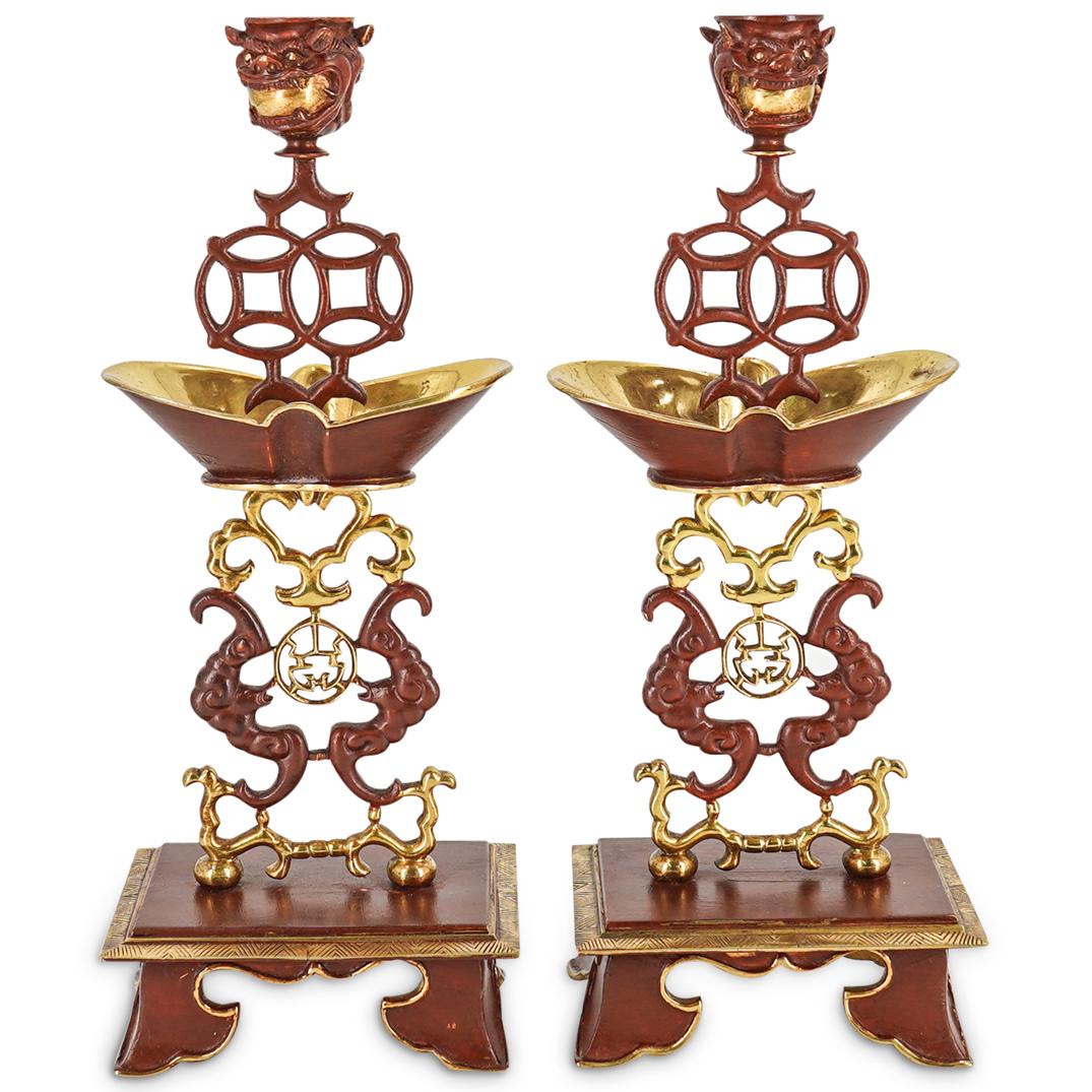 Pair of Chinoiserie Polychrome Bronze Candle Holders (1 of 6)