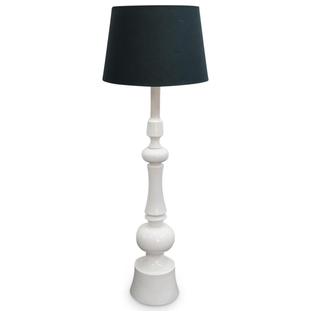 Marge Carson Baluster Form Floor Lamp With Fabric Shade: DESCRIPTION: Modern, composite floor lamp featuring a baluster form body and a circular foot. Piece is and crowned with a dark, fabric shade and features a floor button switch. Tested and fully functi