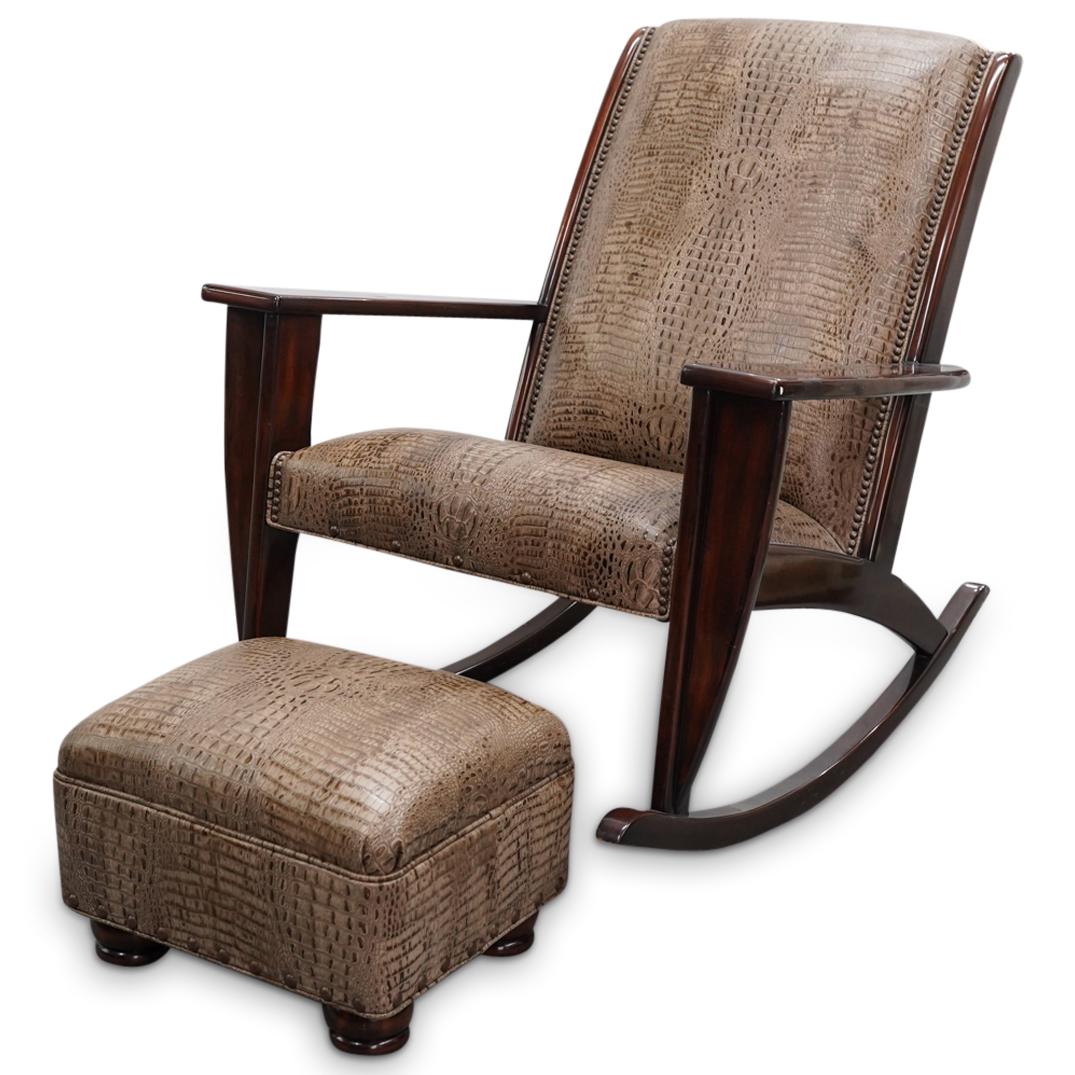 Hancock And Moore Art Deco Rocking Chair W/ Ottoman: DESCRIPTION: Hancock & Moore Art Deco polished wood rocking chair with matching ottoman, each of which is upholstered with auburn faux alligator leather. CIRCA: 20th Century ORIGIN: USA DIMENSIONS: (R