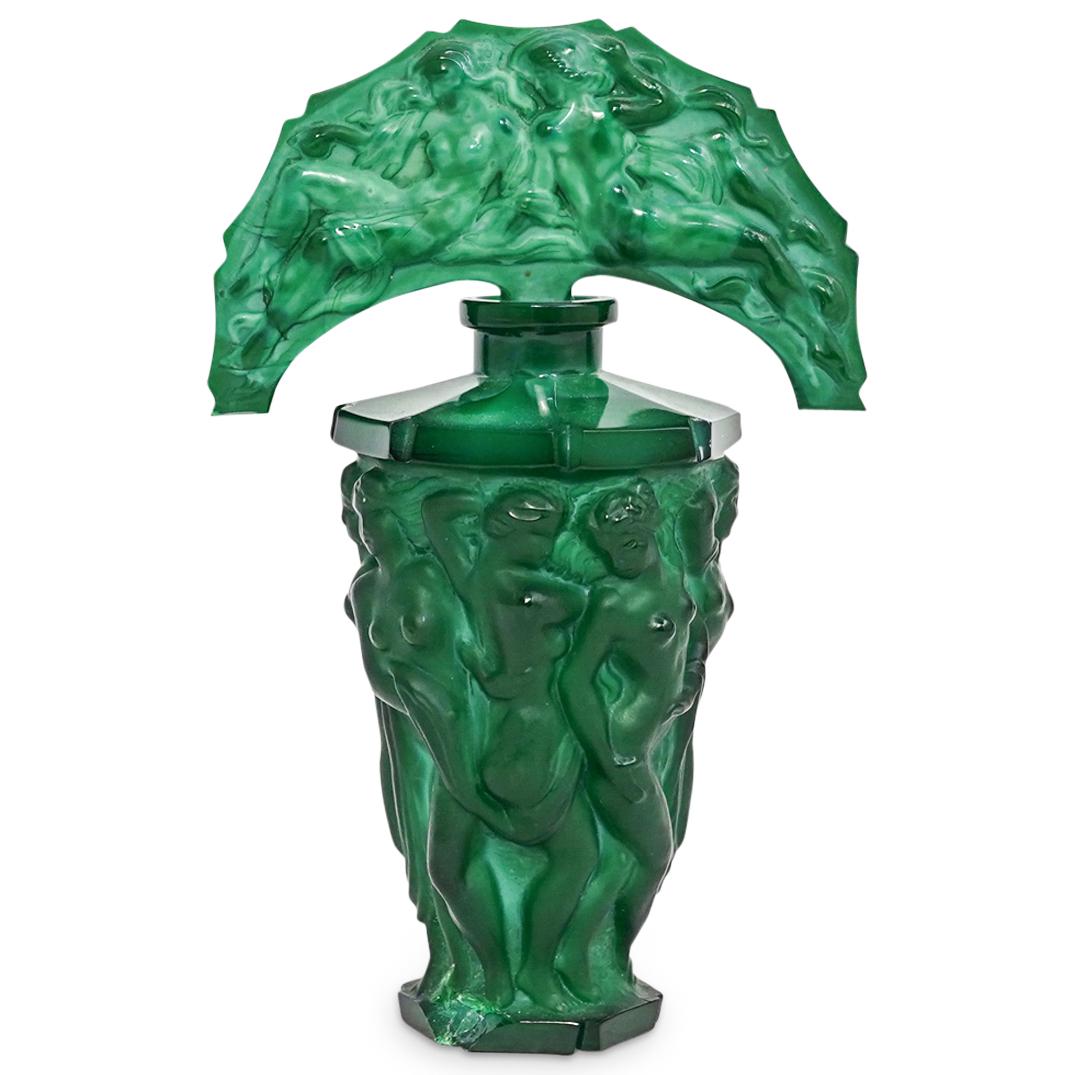 Antique Malachite Glass Perfume Bottle: DESCRIPTION: A Czech bohemian malachite green glass perfume bottle embellished with a continuous decorative motif depicting nude maiden nymphs and finished with a large stopper with matching decorativ