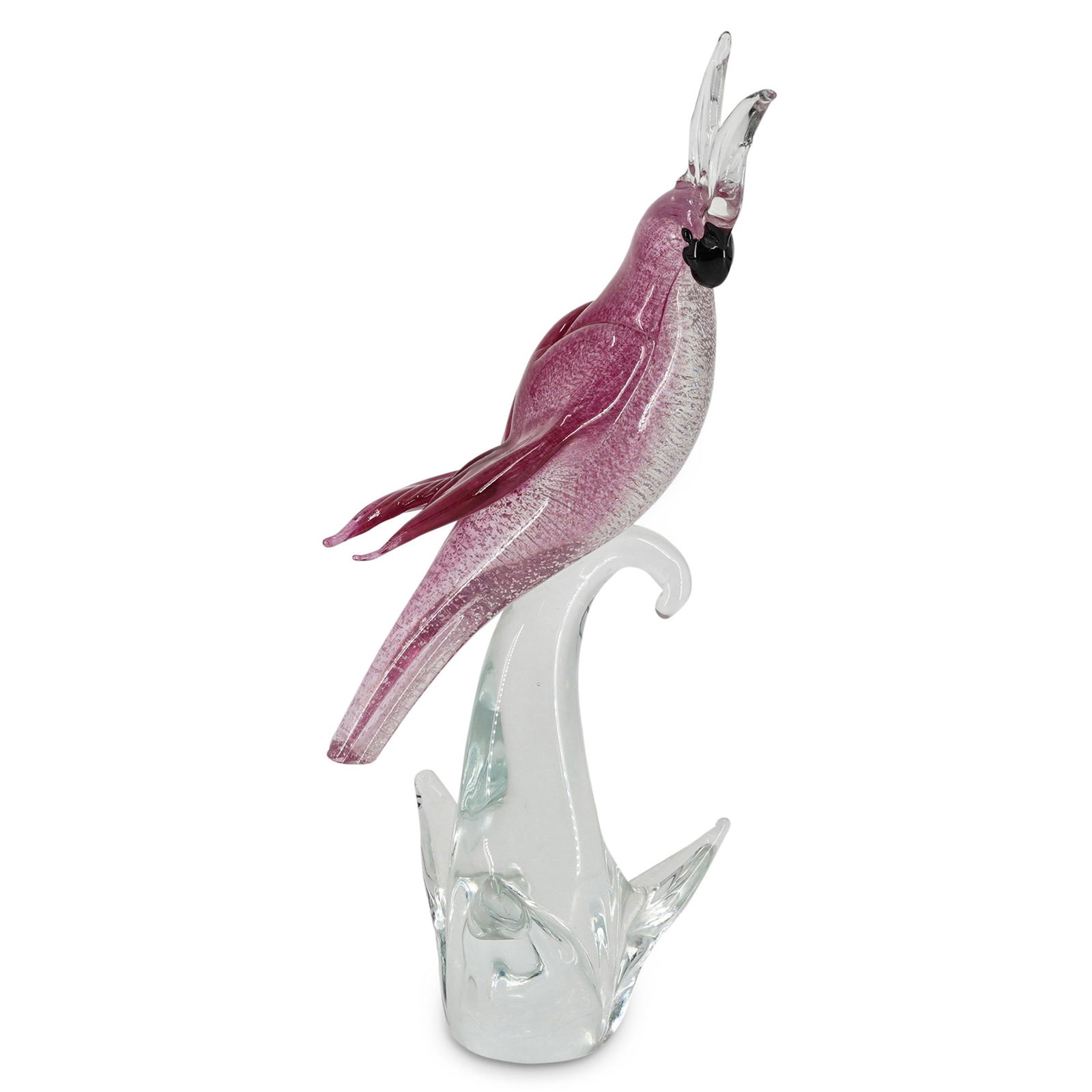 Oggetti Murano Glass Cockatoo Sculpture: DESCRIPTION: Oggetti Murano glass sculpture of a pink cockatoo perched on abstract foliage. Cockatoo has a black beak, a shaved down tail, a clear and colorless crest, and a translucent body with pink