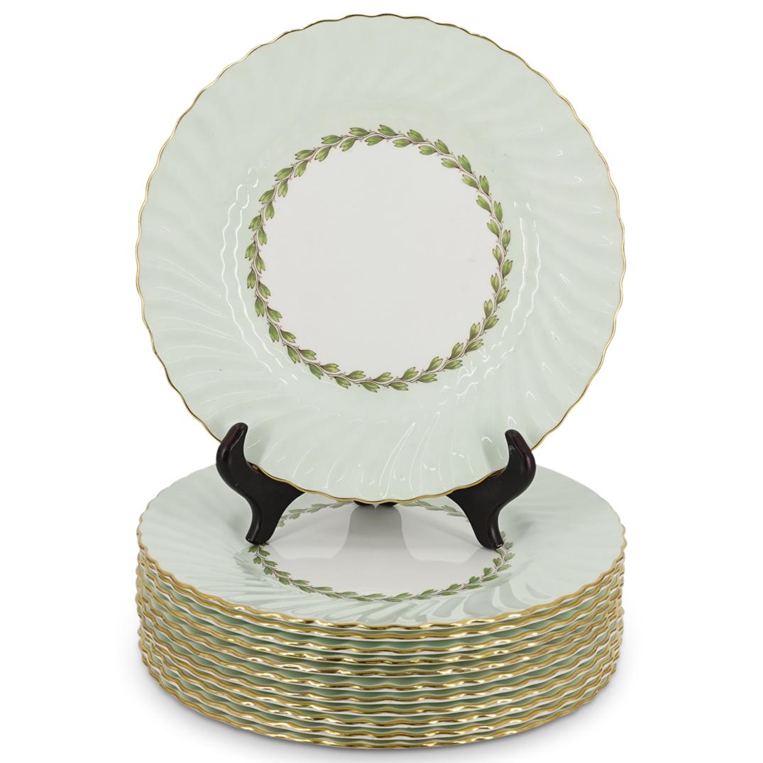 (12 Pc) Mid-Century English Cheviot Green Minton Gilt Rim Plates: DESCRIPTION: Set of twelve mid-century Minton Cheviot Green plates, each featuring a laurel around the edge of the well, a scalloped lip, and a gilt rim. Each piece is marked on underside: "CHEVIOT MI