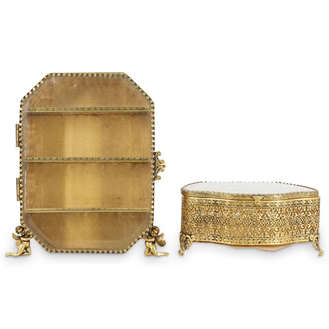 (2 Pc) French Beveled Glass & Brass Miniature Vitrine Jewelry Boxes (1 of 8)