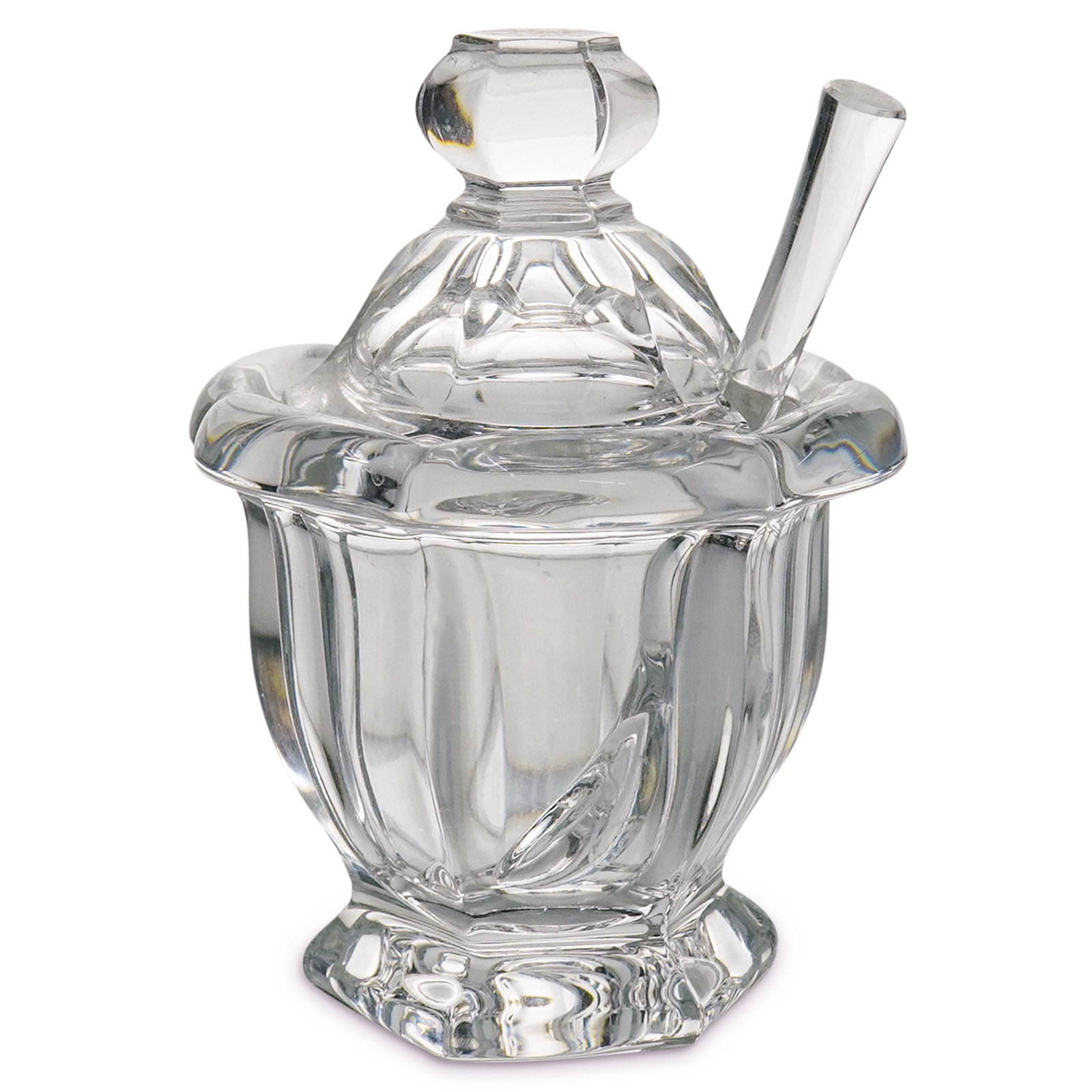 Baccarat Crystal Harcourt Mustard Jar W/ Spoon: DESCRIPTION: A Baccarat crystal Harcourt mustard jar with spoon, from the Harcourt Collection. Created in 1841, the Harcourt collection has been chosen by historical icons, and has also been a staple 