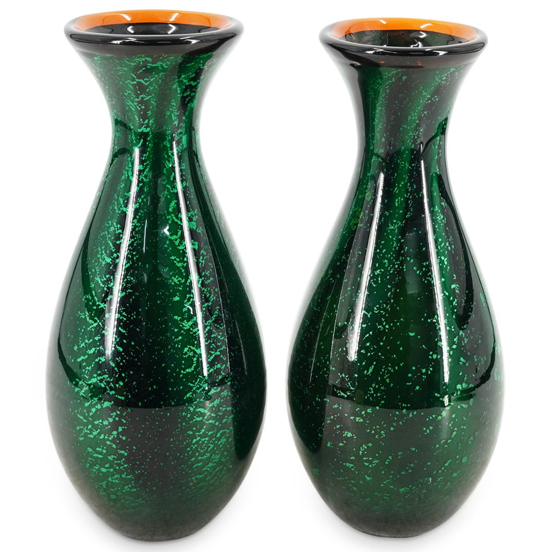 Pair Of Green Murano Glass Vases With Gold Flake Accents (1 of 8)