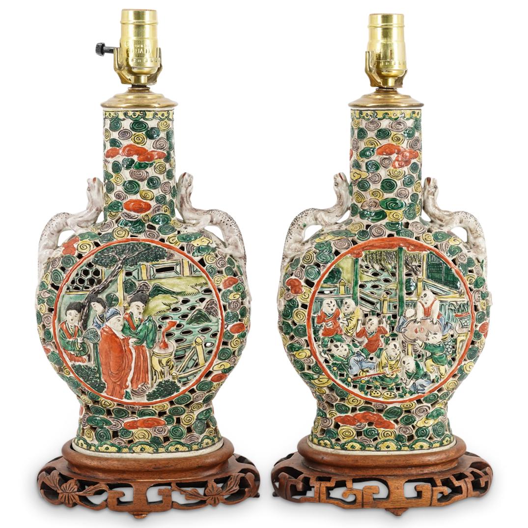 Pair Of Chinese Famille Verte Moon Vase Lamps (1 of 9)