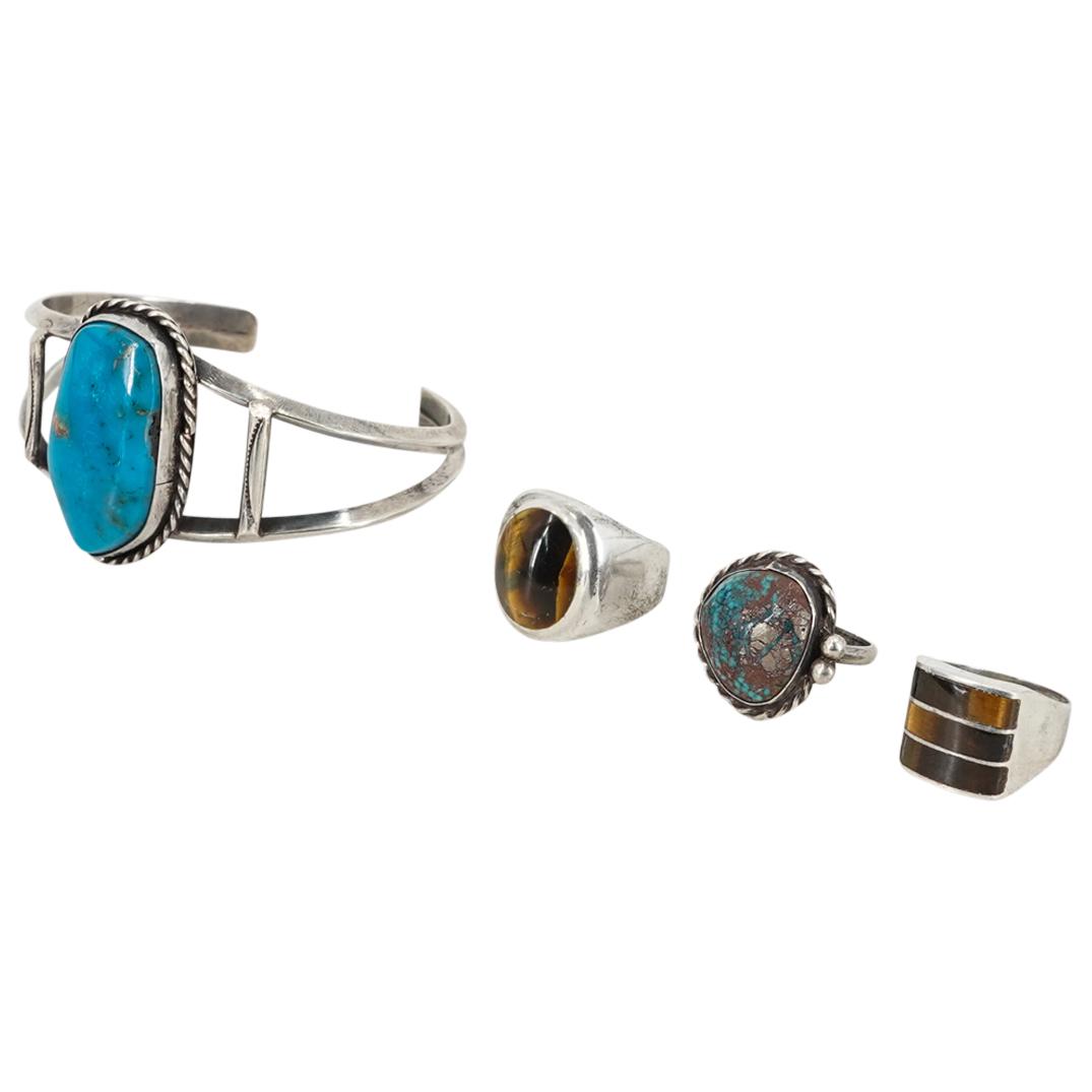 (4 Pc) Vintage Navajo Style Sterling Silver Jewelry Group (1 of 5)