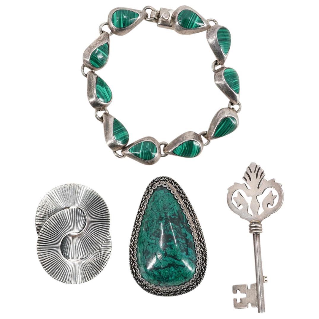 (4Pc) Sterling Silver Brooches & Bracelet with Malachite (1 of 7)