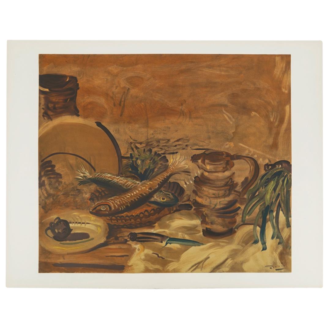 Andre Derain (French, 1880) "Nature Morte Aux Poissons" Lithograph: DESCRIPTION: Andre Derain (French, 1880 - 1954) "Nature Morte Aux Poissons" original color lithograph printed from an original painting made by the author in France, circa 1947. Collection Pierre Levy