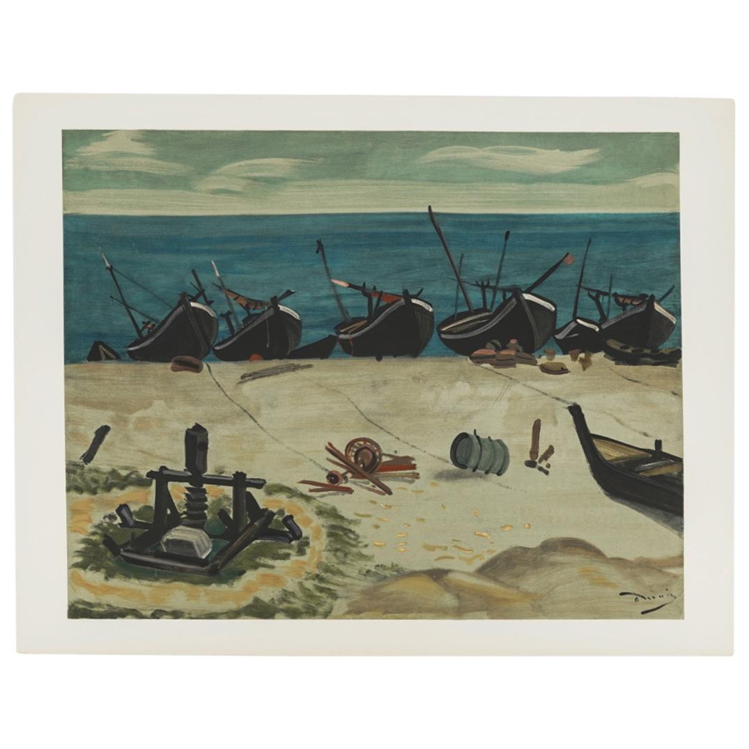 Andre Derain (French, 1880) "Barques a Gravelines" Lithograph: DESCRIPTION: Andre Derain (French, 1880 - 1954) "Barques a Gravelines" original color lithograph printed from an original painting made by the author in France, circa 1946. Collection Pierre Levy Mour