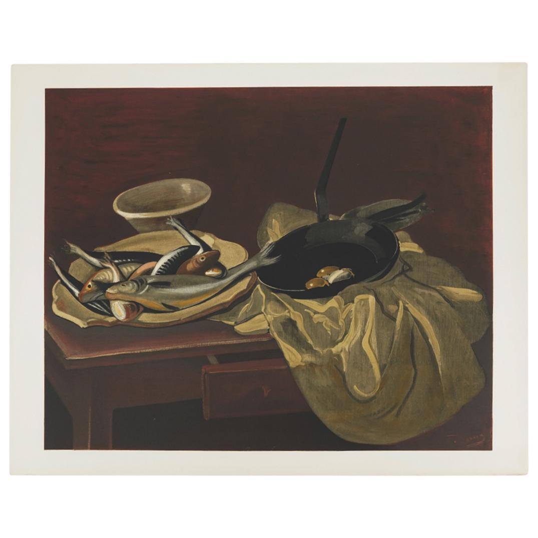 Andre Derain "Nature Morte Aux Poissons Et a La Poele" Lithograph: DESCRIPTION: Andre Derain (French, 1880 - 1954) "Nature Morte Aux Poissons Et a La Poele" original color lithograph printed from an original painting made by the author in France, circa 1939. Collecti