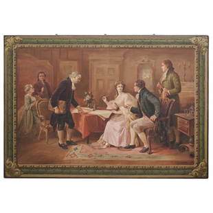 Signed V. Campini Painted Tapestry: DESCRIPTION: A signed V. Campini painted tapestry after "The Marriage Contract" by Jean Leon Gerome Ferris (American, 1863-1930). Signed on the lower left bottom corner. CIRCA: 20th Century. DIMENSION