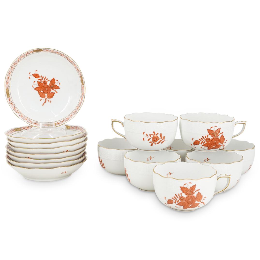 (16 Pc) Herend Porcelain "Chinese Bouquet Rust" Flat Tea Cup & Saucer Set (1 of 5)