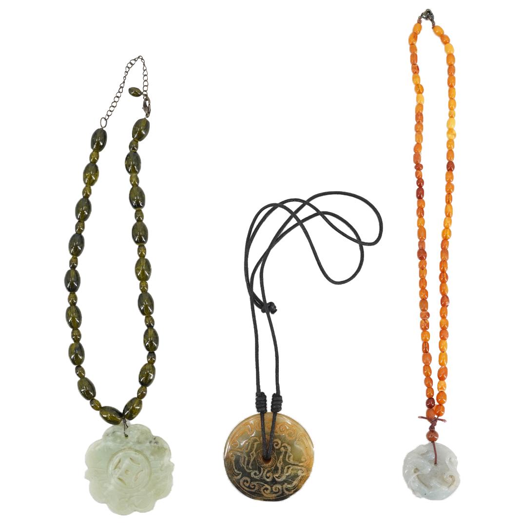 (3 Pc) Chinese Carved Jade Bi Pendant Necklaces (1 of 6)