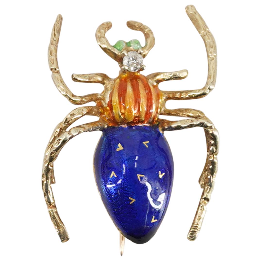 Designer 14k Gold & Diamond Enameled Spider Brooch (1 of 3)