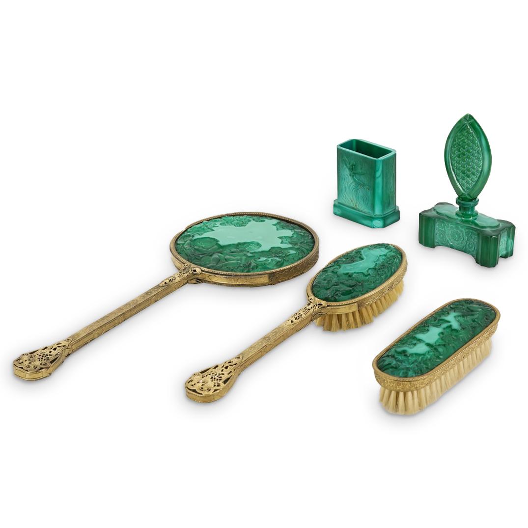 (5Pc) Czech Malachite Glass Vanity Set & Vase: DESCRIPTION: (5Pc) Antique Czechoslovakian malachite glass vanity set and vase. Includes: (3Pc) Czech Curt Schlevogt "Ingrid" Art Deco Malachite Glass & Ormolu Vanity Set. Hairbrush. (H: 1.75 W: 3" L: