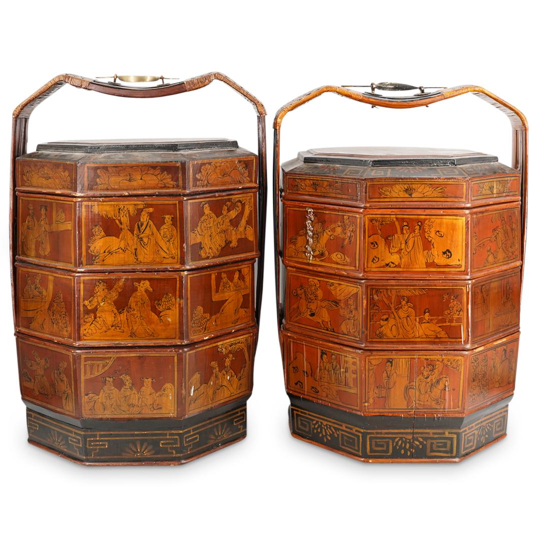 (2 Pc) Chinese Lacquered Wooden Wedding Baskets (1 of 13)